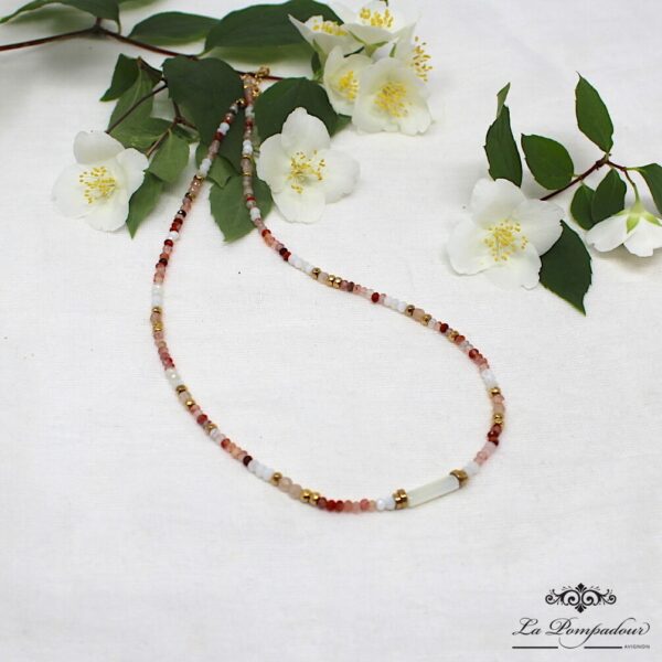 Ras de cou mini rondelles Cornaline Pierre de Lune Boréale Nacre Agate Hématite. Rosekafé