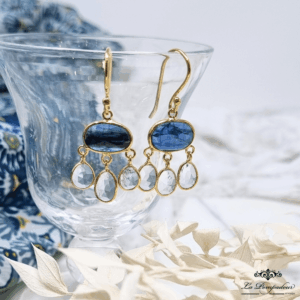 Boucles d'oreilles kyanite et aquamarine. Plaqué or 3 microns